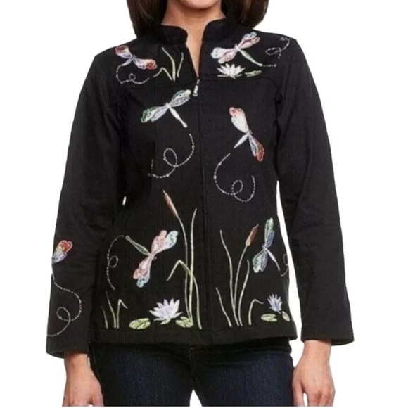 Quacker Factory XL Dragonfly Embroidered Jacket Black Zip Front Cotton Stretch - Picture 2 of 14
